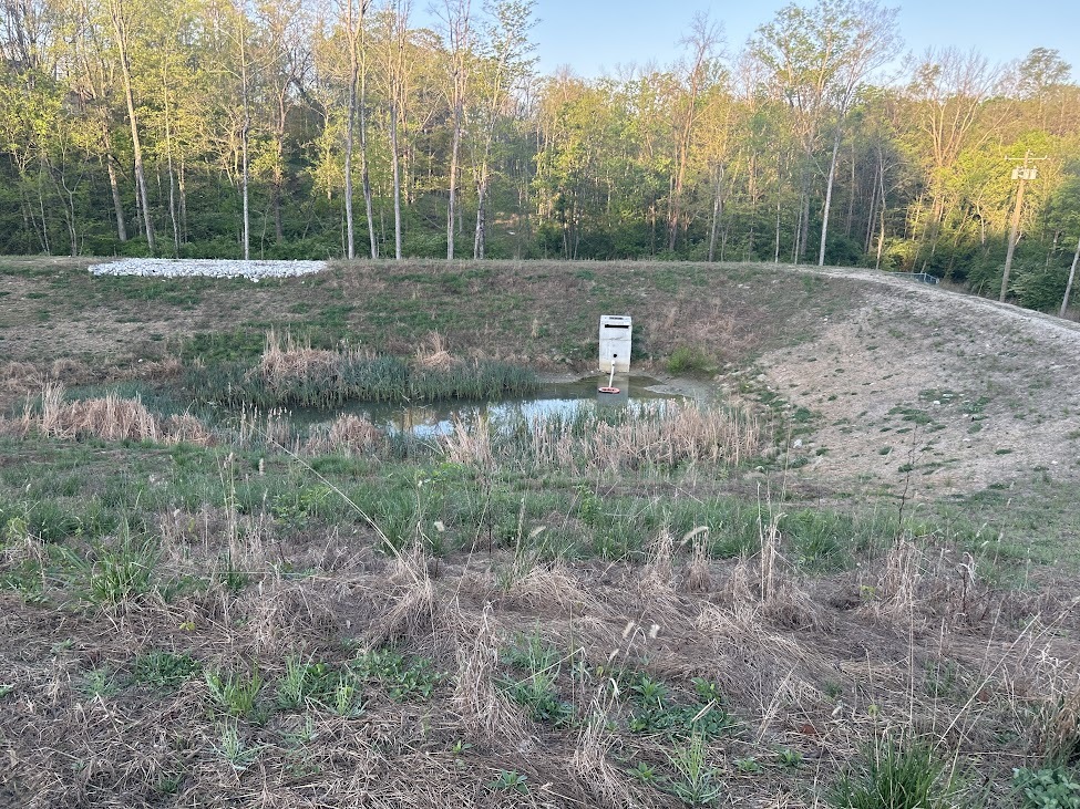 Mostly dry retention basin.